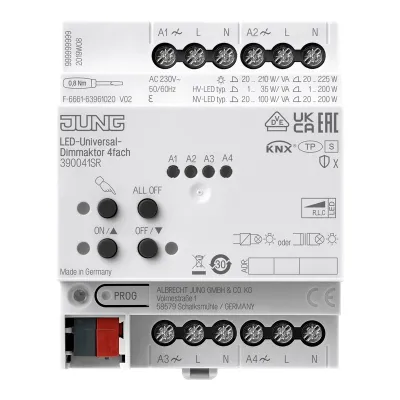 JUNG KNX LED-Universal-Dimmaktor 390041SR | 4-fach | REG 4TE | 1-225W | Handbedienung | LED-Anzeige | ETS5 | Hutschiene