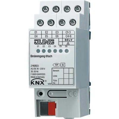 Jung KNX Binäreingang 6fach 2116REG | REG Hutschiene | 6 Eingänge 10-230V | Statusanzeige | Busankoppler
