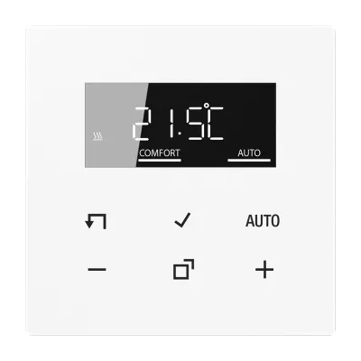 JUNG Raumthermostat BTLS1791WW | smartes Uhrenthermostat 230V | digital | Glas Alpinweiß | App-Steuerung | Alexa Google