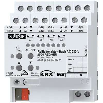 JUNG KNX Rollladenaktor 4-fach 2504REGHER | REG 4TE | AC 230V | Handbedienung | LED-Statusanzeige | Jalousieaktor