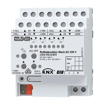 JUNG KNX Rollladenaktor 4-fach 2504REGHER | REG 4TE | AC 230V | Handbedienung | LED-Statusanzeige | Jalousieaktor