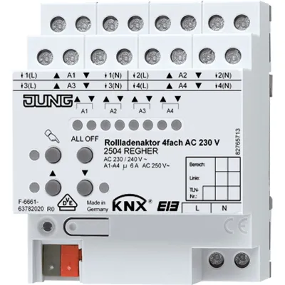 JUNG KNX Rollladenaktor 4-fach 2504REGHER | REG 4TE | AC 230V | Handbedienung | LED-Statusanzeige | Jalousieaktor