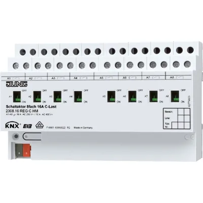 JUNG KNX Schaltaktor 8-fach 2308.16REGCHM | C-Last | 16A | 230V | REG 8TE | Stromerkennung | Handbedienung