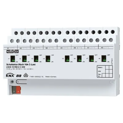 JUNG KNX Schaltaktor 8-fach 2308.16REGCHM | C-Last | 16A | 230V | REG 8TE | Stromerkennung | Handbedienung