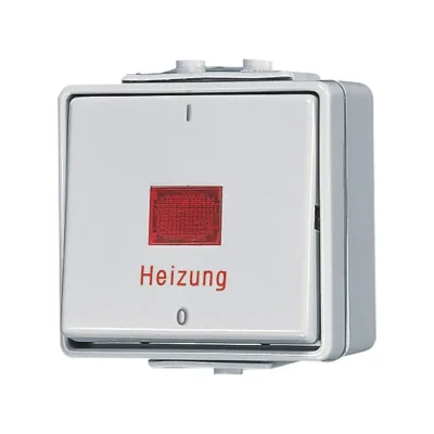 JUNG Heizung Notschalter 602HW WG600 | 2-polig | Aufputz | Kontrollleuchte | IP44 | Glimmlampe | Duroplast grau