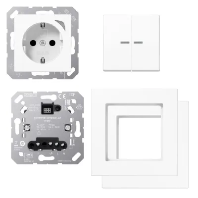 JUNG Starterset JH-PAKET 1A WW A550 | Smart Home Dimmer & 2-fach Taster | Steckdose | alpinweiß