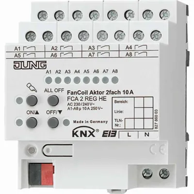 JUNG KNX Fan-Coil-Aktor FCA2REGHE 2-fach | Heizungsaktor 8 Ausgänge | REG 4TE | AC 230/240V | 10A | Handbetrieb