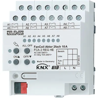 JUNG KNX Fan-Coil-Aktor FCA2REGHE 2-fach | Heizungsaktor 8 Ausgänge | REG 4TE | AC 230/240V | 10A | Handbetrieb