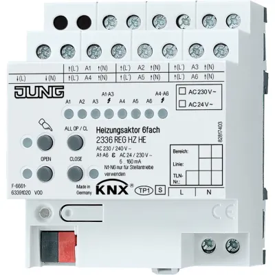 JUNG KNX Heizungsaktor 6-fach 2336REGHZHE | 24–230V | integrierter Busankoppler | Handbetätigung