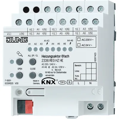 JUNG KNX Heizungsaktor 6-fach 2336REGHZHE | 24–230V | integrierter Busankoppler | Handbetätigung