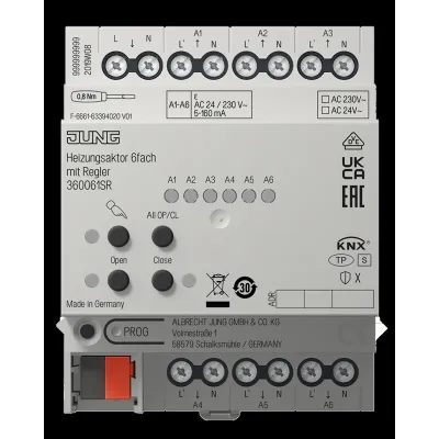 JUNG Heizungsaktor KNX 36006 1S R | 6fach | REG | 4TE | 0,16A | 24–230V | Handbetrieb | LED-Status