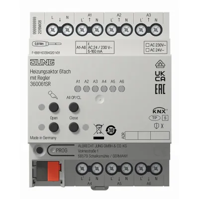 JUNG Heizungsaktor KNX 36006 1S R | 6fach | REG | 4TE | 0,16A | 24–230V | Handbetrieb | LED-Status