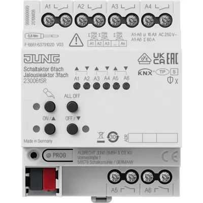 JUNG KNX Schaltaktor & Jalousieaktor 230061SR | 6-fach | 3 Jalousieausgänge | 16A | 3000W | REG | Handbedienung