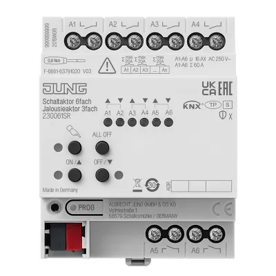 JUNG KNX Schaltaktor & Jalousieaktor 230061SR | 6-fach | 3 Jalousieausgänge | 16A | 3000W | REG | Handbedienung