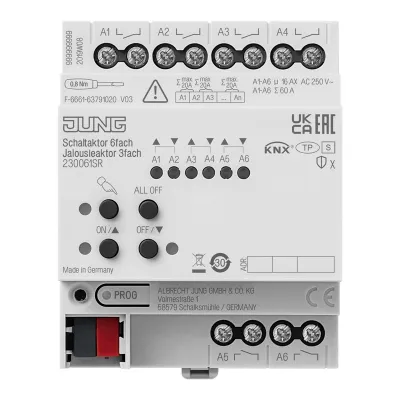 JUNG KNX Schaltaktor & Jalousieaktor 230061SR | 6-fach | 3 Jalousieausgänge | 16A | 3000W | REG | Handbedienung
