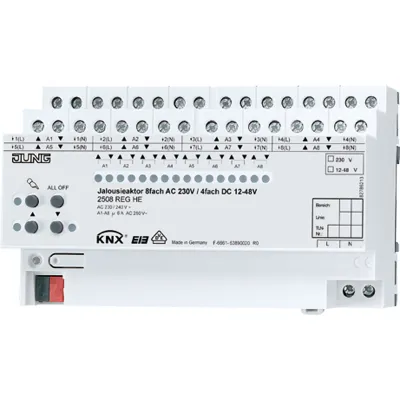 JUNG Jalousieaktor 2508REGHE KNX | 8-fach | REG-Hutschiene | 230V/12–48V | Handbedienung | LED | 6A | Smart Home