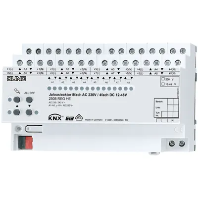 JUNG Jalousieaktor 2508REGHE KNX | 8-fach | REG-Hutschiene | 230V/12–48V | Handbedienung | LED | 6A | Smart Home