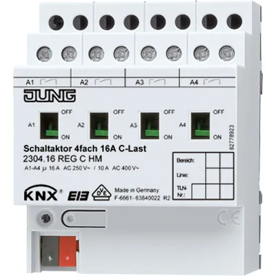 Jung KNX Schaltaktor 2304.16REGCHM | 4-fach C-Last | 16A | REG | Stromerkennung | Handbedienung | 3680W | Hutschiene