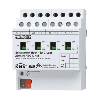 Jung KNX Schaltaktor 2304.16REGCHM | 4-fach C-Last | 16A | REG | Stromerkennung | Handbedienung | 3680W | Hutschiene