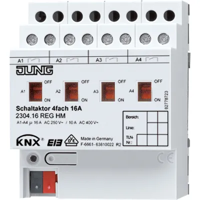 JUNG KNX Schaltaktor 4-fach 2304.16REGHM | 16A | REG Hutschiene | 4TE | 3680W | potentialfrei | Handbedienung | IP20