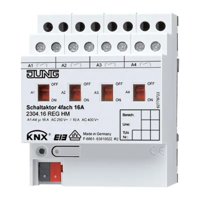 JUNG KNX Schaltaktor 4-fach 2304.16REGHM | 16A | REG Hutschiene | 4TE | 3680W | potentialfrei | Handbedienung | IP20