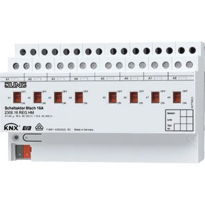 JUNG KNX Schaltaktor 2308.16REGHM | 8-fach | 16A | 3680W | REG | Hutschiene | Handbedienung | Busankoppler