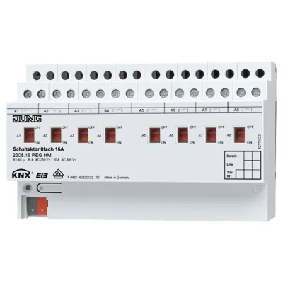 JUNG KNX Schaltaktor 2308.16REGHM | 8-fach | 16A | 3680W | REG | Hutschiene | Handbedienung | Busankoppler