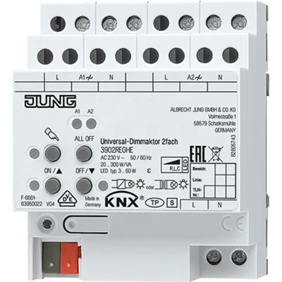 JUNG KNX Universal-Dimmaktor 3902REGHE | 2-fach | 2x300W | LED/Halogen | Hutschiene | Handbedienung | LED-Anzeige