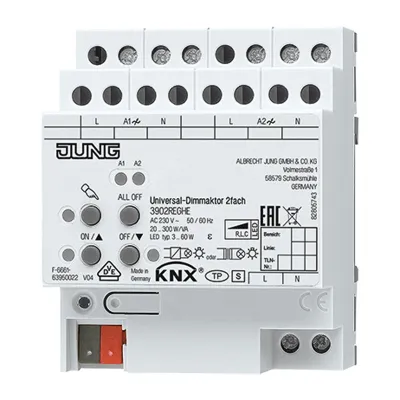 JUNG KNX Universal-Dimmaktor 3902REGHE | 2-fach | 2x300W | LED/Halogen | Hutschiene | Handbedienung | LED-Anzeige
