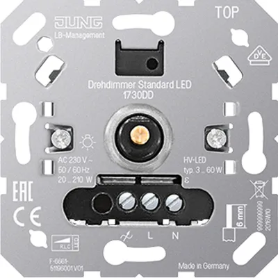 JUNG LED-Drehdimmer 1730DD | 3-210W | Unterputz | für LED, Halogen, Glühlampen | Phasenan-/abschnitt | Drehknopf