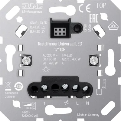 JUNG Tastdimmer Universal 1711DE | LED-Tastdimmer Unterputz 3-420W | Nebenstelleneingang | Phasenan-/abschnitt | weiß
