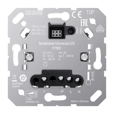 JUNG Tastdimmer Universal 1711DE | LED-Tastdimmer Unterputz 3-420W | Nebenstelleneingang | Phasenan-/abschnitt | weiß