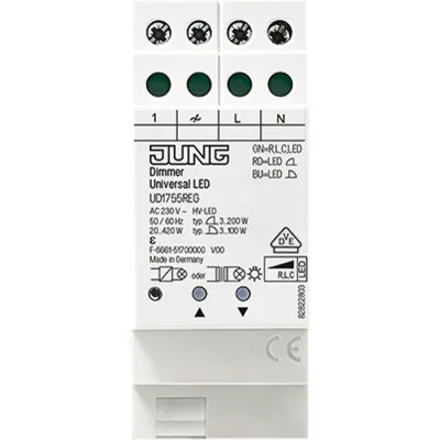 JUNG LED-Universal-Dimmer UD1755REG | Hutschiene | 20-420W | Nebenstelleneingang | Phasenan-/abschnitt | weiß