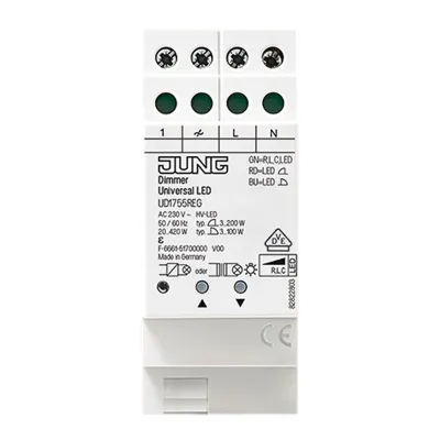 JUNG LED-Universal-Dimmer UD1755REG | Hutschiene | 20-420W | Nebenstelleneingang | Phasenan-/abschnitt | weiß