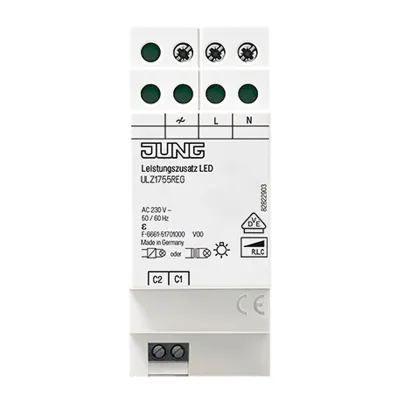 JUNG LED-Leistungszusatz ULZ1755REG | Dimmerverstärker | REG 2TE | 20-420W | Universal | Übertemperaturschutz | weiß
