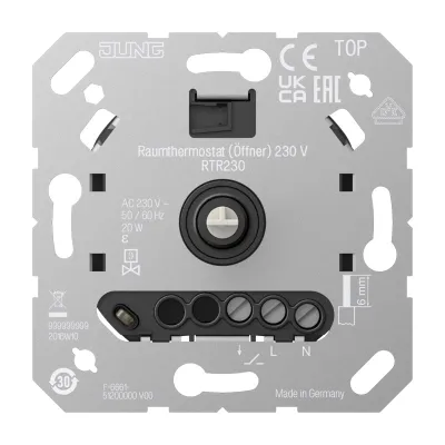 JUNG Raumthermostat RTR 230 | 230V AC | Unterputz | Öffner NC | IP20 | Drehregler | PWM-Steuerung | geräuschlos | Weiß