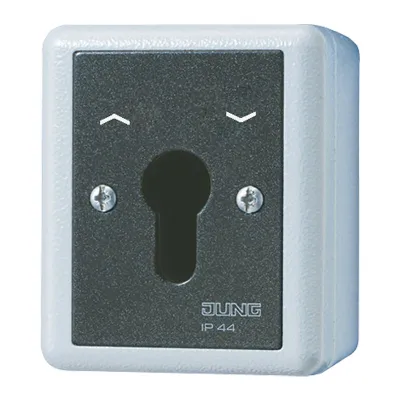 Jung Schlüsselschalter 804.28G | 2-polig | Jalousie-Wendeschalter | Aufputz | IP44 | Alu-Druckguss | grau RAL 7001