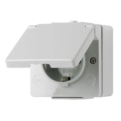 JUNG SCHUKO-Steckdose 620W WG600 | Aufputz IP44 | 1-fach 16A 250V | Klappdeckel | Federklemmen | grau