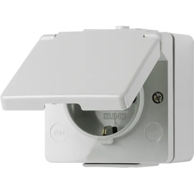 JUNG SCHUKO-Steckdose 620W WG600 | Aufputz IP44 | 1-fach 16A 250V | Klappdeckel | Federklemmen | grau
