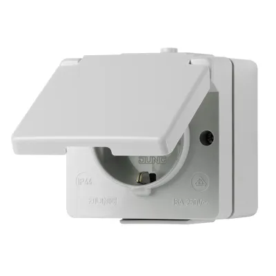 JUNG SCHUKO-Steckdose 620WX WG600 | Aufputz | 16A 250V | IP44 | Klappdeckel | Hohlboden | Kunststoff | grau