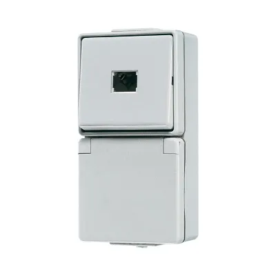 JUNG SCHUKO-Steckdose mit Taster 671W WG600 | Aufputz IP44 | 16A 250V | 1-polig | Duroplast | grau RAL 7035