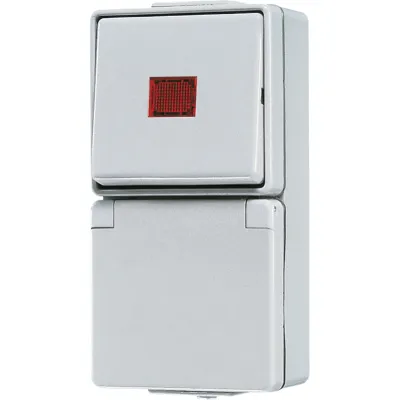 Jung SCHUKO-Steckdose 676KOW | Aufputz IP44 | Wechselschalter | Kontrollleuchte | Klappdeckel | grau RAL7035