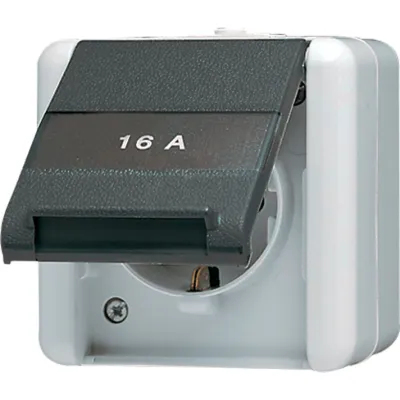 JUNG SCHUKO-Steckdose 820 NAW | 1-fach Aufputz | Klappdeckel | Schriftfeld 22x48mm | IP44 Feuchtraum | grau/anthrazit