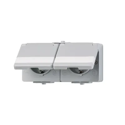 JUNG SCHUKO-Steckdose 2-fach 622 NAWW | Aufputz IP44 | Klappdeckel | WG 600 Serie | 16A 250V | Schriftfeld | grau