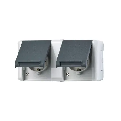 JUNG SCHUKO Steckdose 2-fach 8220-1W | Aufputz WG800 | IP44 | Klappdeckel | verdrahtet | grau glänzend