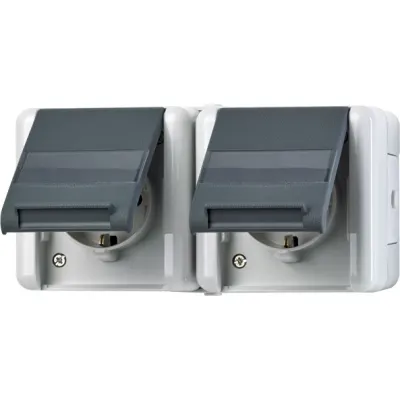 JUNG SCHUKO Steckdose 2-fach | Aufputz WG800 | IP44 | 16A 250V | Klappdeckel | Beschriftungsfeld | grau