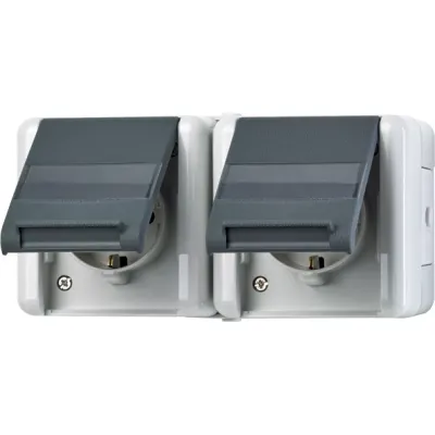 JUNG SCHUKO Steckdose 2-fach | Aufputz WG800 | IP44 | 16A 250V | Klappdeckel | Beschriftungsfeld | grau