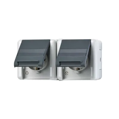 JUNG SCHUKO Steckdose 2-fach | Aufputz WG800 | IP44 | 16A 250V | Klappdeckel | Beschriftungsfeld | grau