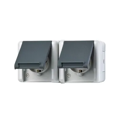 JUNG SCHUKO-Steckdose 2-fach 8220W WG800 | Aufputz IP44 | mit Klappdeckel | waagerecht | grau | Thermoplast