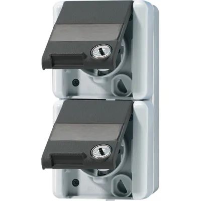 JUNG SCHUKO Zweifach-Steckdose 822NAWSL | Aufputz | abschließbar | Klappdeckel | IP44 | 16A | Schriftfeld | grau